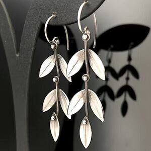 Silver Leaf Drop Flower Boho Vintage Hook Minimalist Earrings